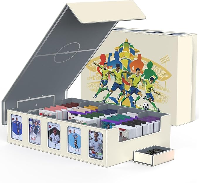 Kabinka Soccer Card Storage Box with Window Display, 5-Row Sport Card Storage Box, 3900+ Card Deck Box for Soccer Sports Card TCG, 5 Top Loaders, 5 Stoppers, 48 Dividers, 1 Dice Tray (Soccer 2)