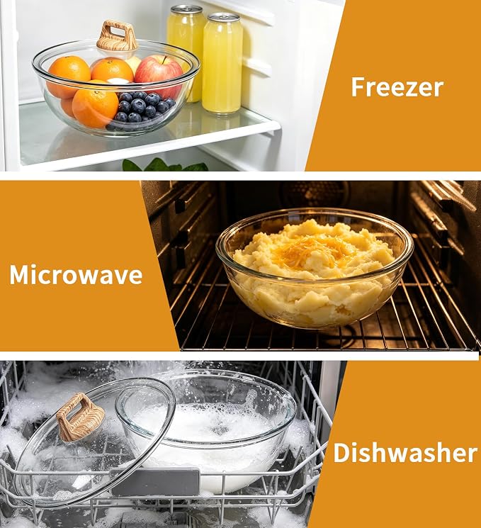 6.5 Qt Large Glass Mixing Bowl with Glass Lid, Clear Glass Bowl for Sourdough Salad Bowls with Lid & Square Handle,Thickened Glass Big Mixing Bowls Cooking Bowl for Food Prep, Kitchen,Dinner