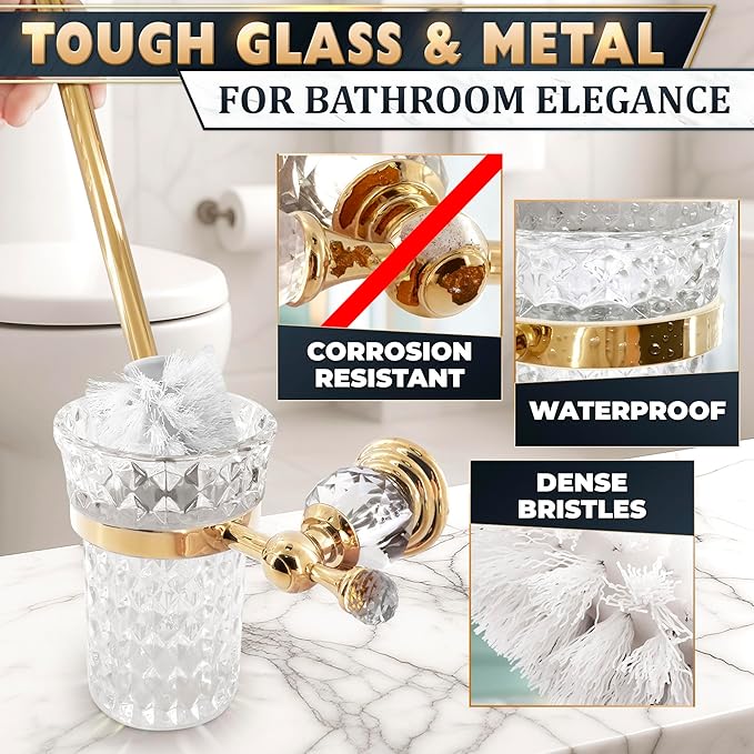 Gold Stainless Steel Toilet Brush with Crystal Toilet Brush Holder Set – Wall Mounted Holder, Replaceable Head, Decorative Space-Saving Design Bathroom Toilet Accessory Elegant Toilet Bowl Cleaner Set