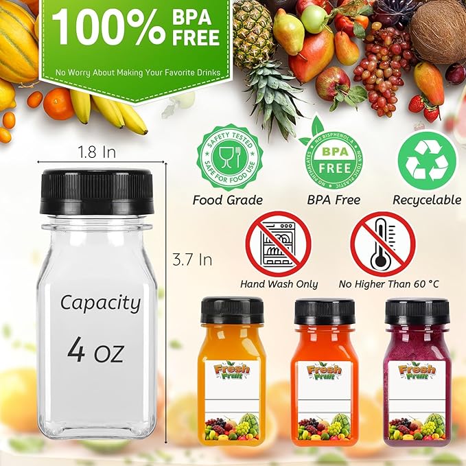 100PCS 4OZ Mini Plastic Juice Bottles with Caps, Clear Shot Bottles Reusable Containers with Labels, Funnel and Brush，Suitable for Juice Milk, Tea, Drinking, Smoothie,Other Beverages (100, 4, ounces)