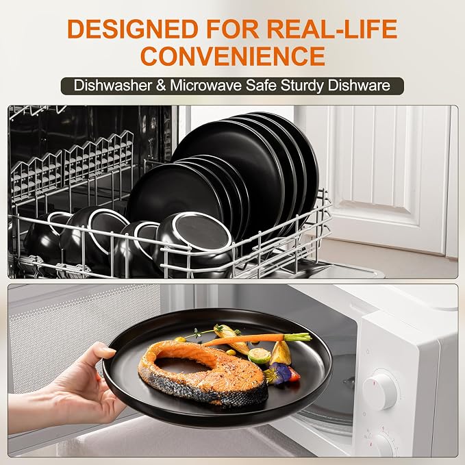 EWFEN Plates and Bowls Sets, 12 Pieces Ceramic Dinnerware Set for 4, Stoneware Dishware Dishes Set, Scratch Resistant Dishes Set, Dishwasher & Microwave Safe, Black