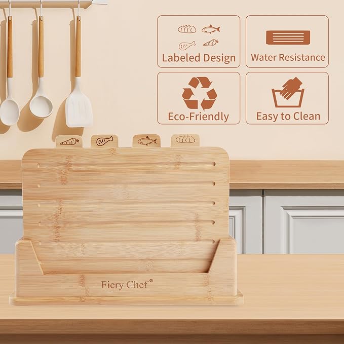 4 Piece Bamboo Cutting Boards with Food Icons & Stand, 14.56"L x 11"W | Thick & Durable, Deep Juice Groove, Non Toxic Real Wood, knife-friendly, Chopping Boards Set of 4 with Sturdy Holder