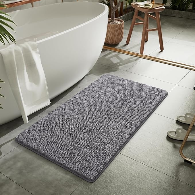 LOCHAS Luxury Bathroom Rug Shaggy Bath Mat 24 x 36 Inch, Gray | Washable Non Slip Bath Rugs for Bathroom Shower, Soft Plush Chenille Absorbent Carpets