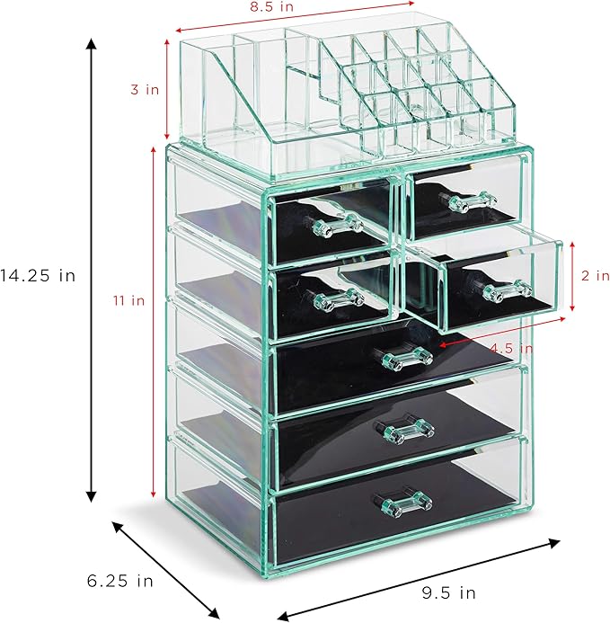 Sorbus Acrylic Makeup Organizer Set, 7-Drawer Vanity & Countertop Cosmetic Storage with Small & Wide Compartments, Teal Thrill Makeup Storage for Brushes, Jewelry – Holiday Gift for Women & Teens