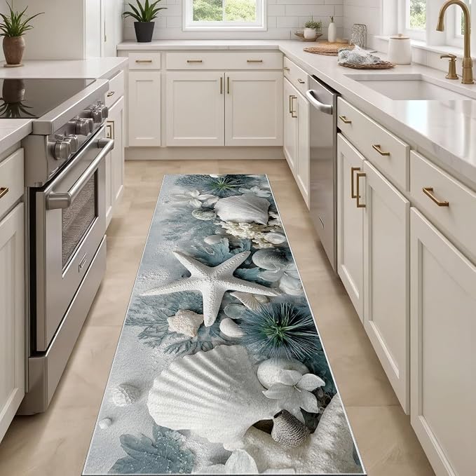 Starfish Seashell Runners Rug for Hallway 2x6 - Seaside Coastal Runner Rug, Soft Non Slip Washable Long Rugs, Ocean Themed Carpet Runner for Hallways Kitchen Corridor Entryway