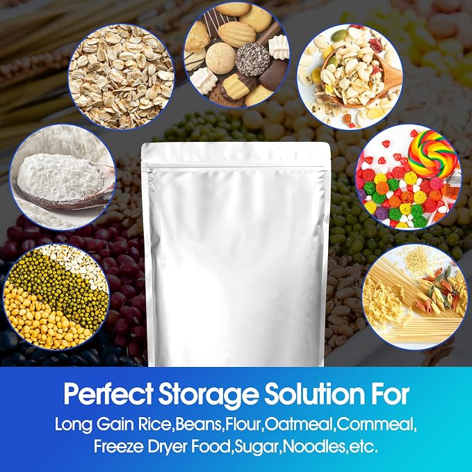 15 Mil 5 Gallon Mylar Bags for Food Storage with 2500cc Oxygen Absorbers - 55 Pack Mylar Bags Include 5 Gallon, 1 Gallon,1 Quart, 100 Pcs Labels and 500cc Oxygen Absorbers for Long Term Food Storage