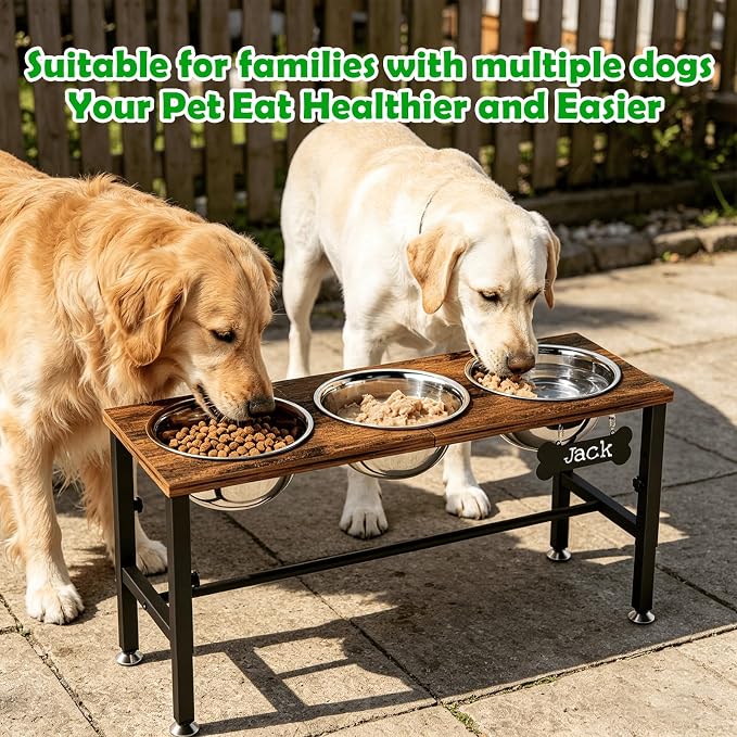 SHAINFUN Adjustable Height Elevated Dog Bowl Stand – Wooden Raised Dog Bowls with Three 58oz Stainless Steel Bowls & Mat for Small to Large Dog Breeds