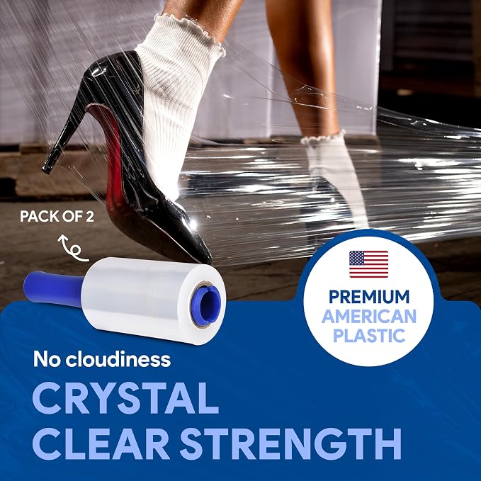 International Plastics Co. 2 Pack of 5" Plastic Stretch Film Wrap with Rotating Handles 1000 feet Each 500% Stretch Ability