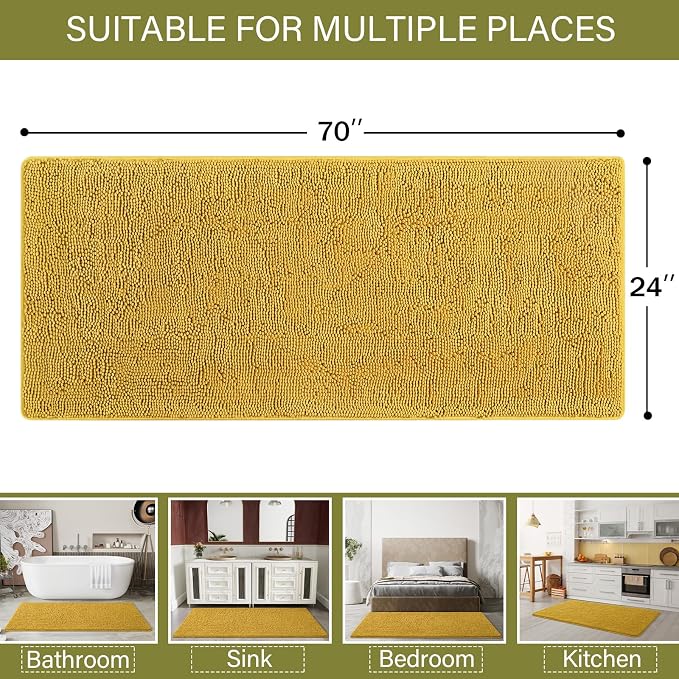 LOCHAS Luxury Bathroom Rug Shaggy Bath Mat 24 x 70 Inch, Yellow | Washable Non Slip Bath Rugs for Bathroom Shower, Soft Plush Chenille Absorbent Carpets