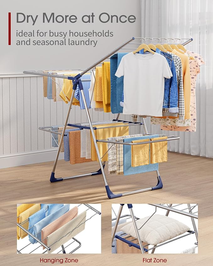 Sakugi Clothes Drying Rack, Foldable 2-Level Laundry Drying Rack with Height-Adjustable Wings, for Clothing & Bedding, Free-Standing Space-Saving Rack, Indoor & Outdoor, 55.5"L × 22.8"W, Silver Blue