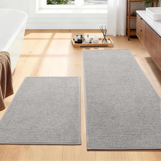 YIHOUSE Gray Bathroom Rugs Sets 2 Piece, Quick Dry Thin Bath Mat, Non Slip Absorbent Machine Washable, Bath Runner Rug for Bathtub Sink Home Decor (17"x24" + 17"x47")