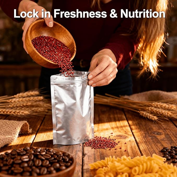 200 Pcs 1 Quart Mylar Bags for Food Storage, 10 Mil Thick 7x10 Inch Stand-Up Zipper Pouches, Airtight Resealable & Heat Sealable for Dehydrated, Freeze Dried, Grains, Long Term Storage