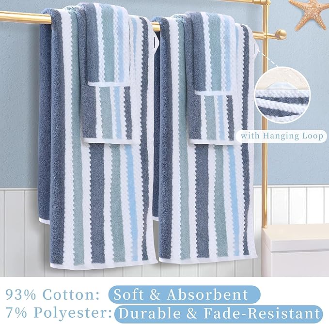 VOOVA & MOVAS Stripe 6PC Towel Set, Cotton Blend, Blue Gray White | 2 Bath 30x56 In, 2 Hand 16x27 In,2 Washcloths 13x13 In, Quick Dry, 540GSM, With Hanging Loops