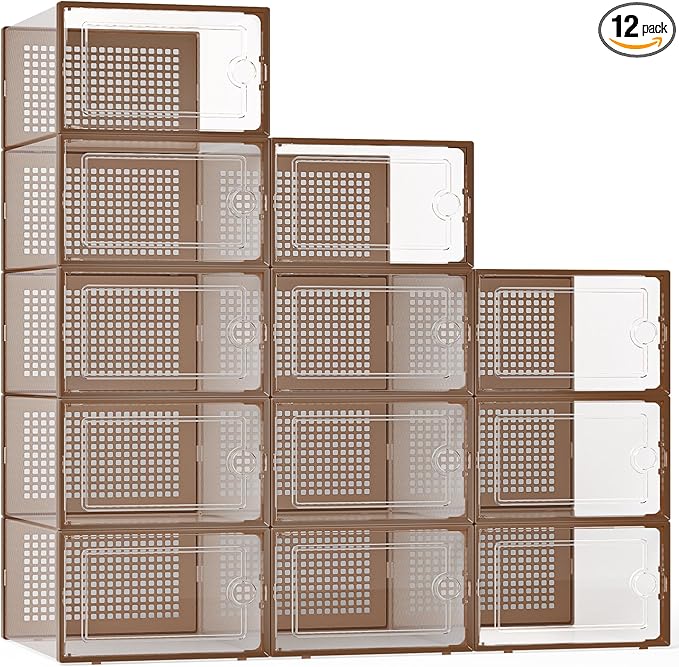 Kuject X-Large Shoe Storage Boxes Organizers for Closet 12 Pack, Fit Size 11,Clear Plastic Stackable Sneaker Containers for Entryway, Space Saving Shoe Rack, Brown