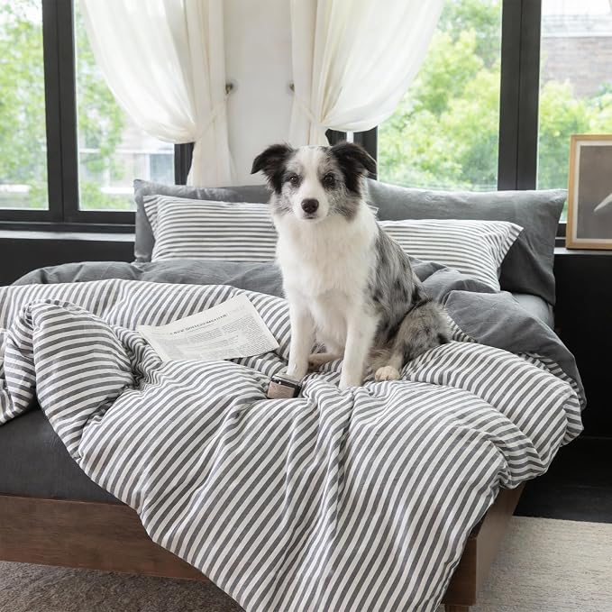Reversible Duvet Cover Set 100% Washed Cotton Dark Grey Stripe Linen Feel Duvet Cover Queen Size with Zipper Closure & 2 Pillow Shams,Dark Grey/White Stripe Reverse Solid Dark Grey