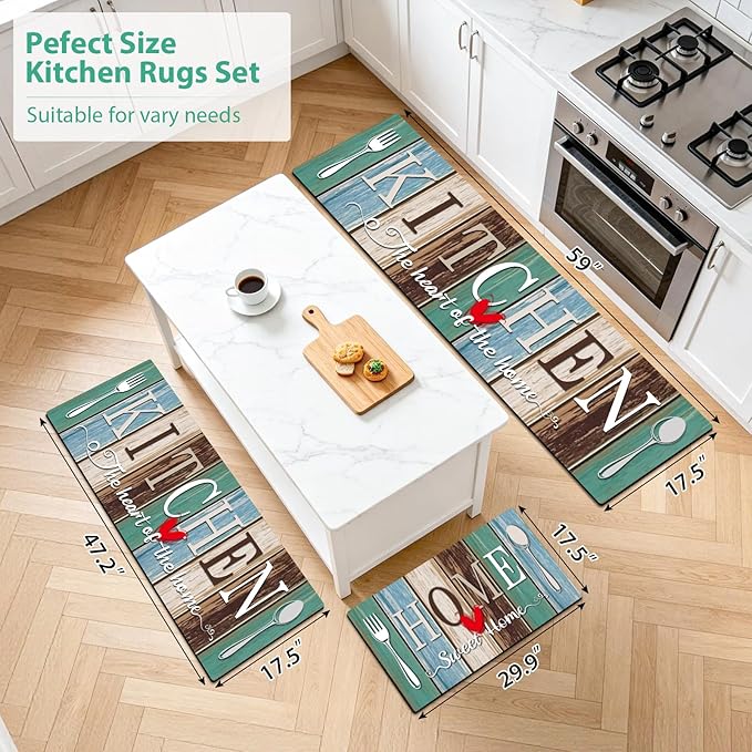 Kitchen Rugs Set 3 Piece, Non Slip Kitchen Mats for Floor, Soft Fabric with Rubber Backing, Farmhouse Anti Fatigue Runners Carpet for Home Kitchen Laundry Room Hallway (Rustic Teal Brown)