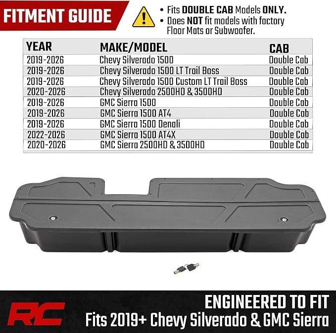 Rough Country Under Seat Storage for Chevy Silverado & GMC Sierra 1500/2500HD/3500HD Double Cab (2019-2026) - Custom Rear Under Seat Organizer Tray with Lockable Lid
