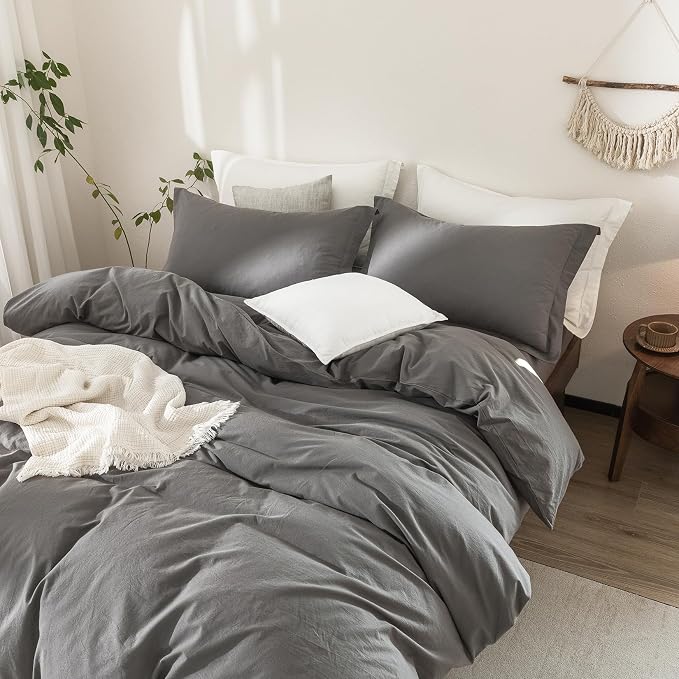 100% Washed Cotton Duvet Cover Queen Size Dark Grey Bedding Set Cover 1 Duvet Cover with Zipper Closure and 2 Pillowcases, 90inch x 90inch
