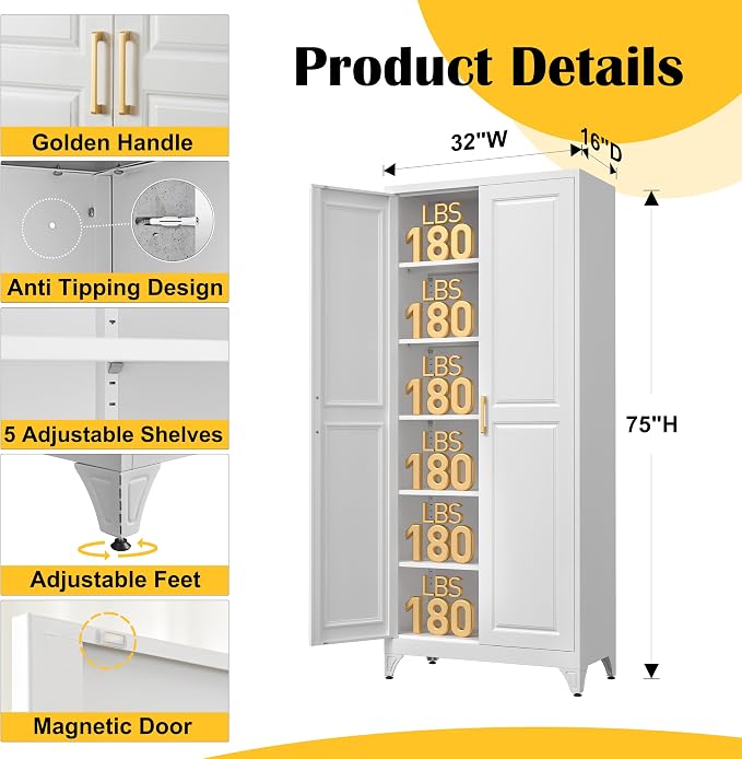 SteeLoong 75”Metal Pantry Storage Cabinet with Doors & 5 Adjustable Shelves | Kitchen Pantry Cabinet,White Kitchen Cabinet with 2 Gold Handles,Tall Cabinet for Livingroom,Pantry, Bathroom,Kitchen,Garage