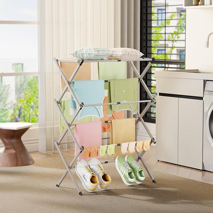 Collapsible Floor Drying Rack - Free Standing Accordion Laundry Dryer, Retractable Metal Clothes Hanger with Shoe Storage, Heavy Duty Rustproof Airer for Bathroom, Balcony & Delicates
