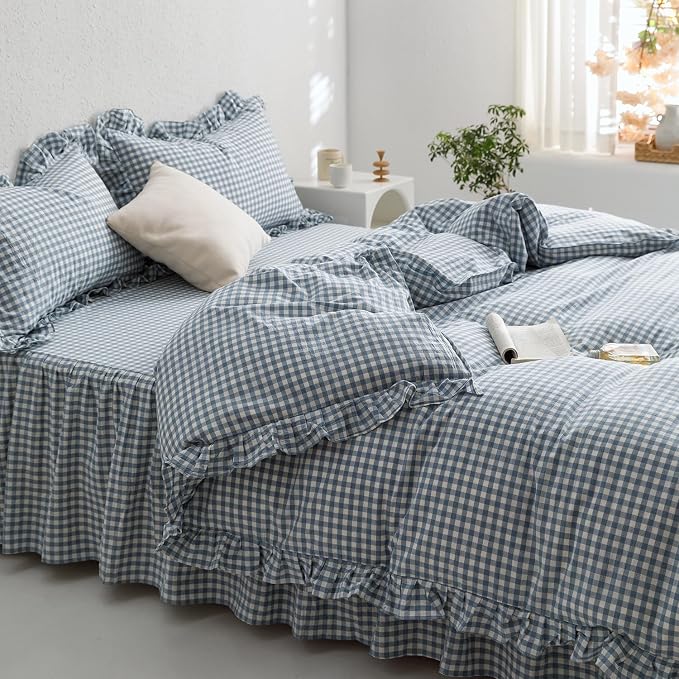 mixinni Blue White Gingham Ruffle Duvet Cover Twin Size 3 Pieces – 100% Washed Cotton, Vintage Plaid Ruffled Bedding Set with Zipper Ties, Soft Checkered Grid Farmhouse Chic Comforter Cover Set