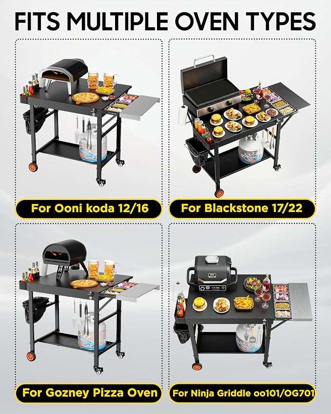 Pizza Oven Table, Grill Table for Ninja Pizza Oven, Pizza Oven Cart Fits Blackstone 17/22 Griddle, Koda 12/16, Cuisinart Gozney, Solo Stove,Outdoor Pizza Oven cart with Sliding Covered Storage Tray