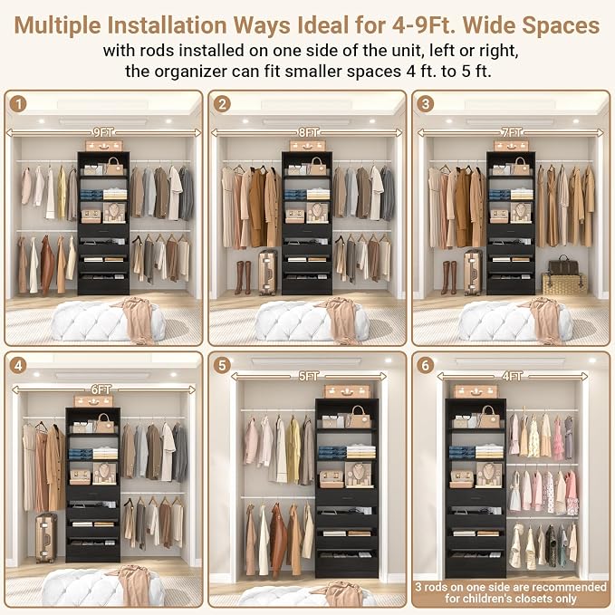 Aheaplus Closet System, 4-9Ft Closet Organizer with 4 Wooden Drawers, Wood Closet Organizer System with Tower, Walk-in Closet Organizer Wardrobe Clothes Rack with 4 Hanging Rods, Garment Rack, Black