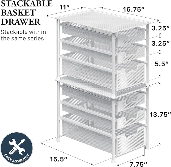 Simple Houseware 3 Tier White Alloy Steel Sliding Basket Organizer Drawer Cabinet