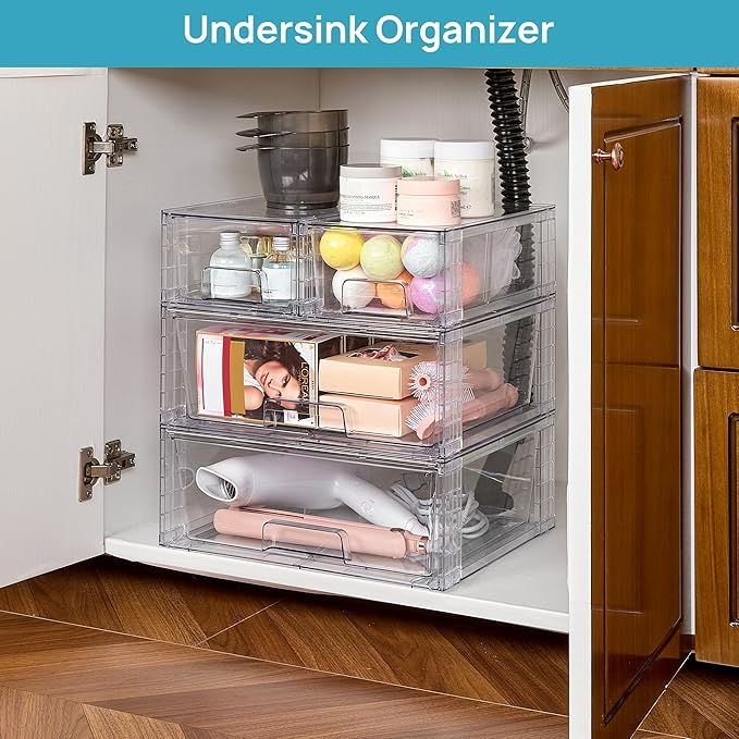 Vtopmart 5 Pack Stackable Storage Drawers, Easily Assemble Clear Plastic Organizer Bins, 3 Wide Drawers and 2 Small Drawers for Pantry, Kitchen Cabinet, Bathroom, Closet Organization and Storage