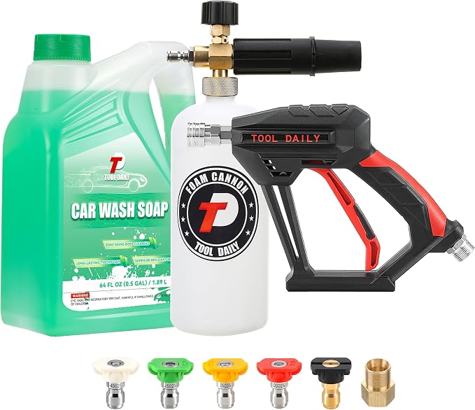 Tool Daily Short Pressure Washer Gun with Foam Cannon, Car Wash Soap 64 Oz, 5 Power Washer Nozzle Tips, 1/4 Inch Quick Connect