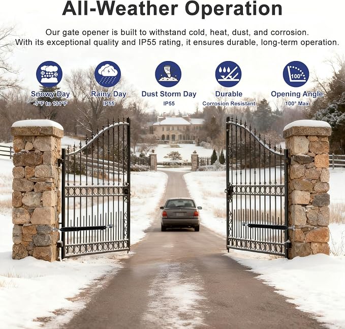 C025 Solar Gate Opener with Batteries & Solar Panel for Dual Swing Gates Up to 790lb 18FT per Arm Complete Automatic Gate Opener Kit with Remote Medium-Duty Electric Gate Opener Solar-Powered