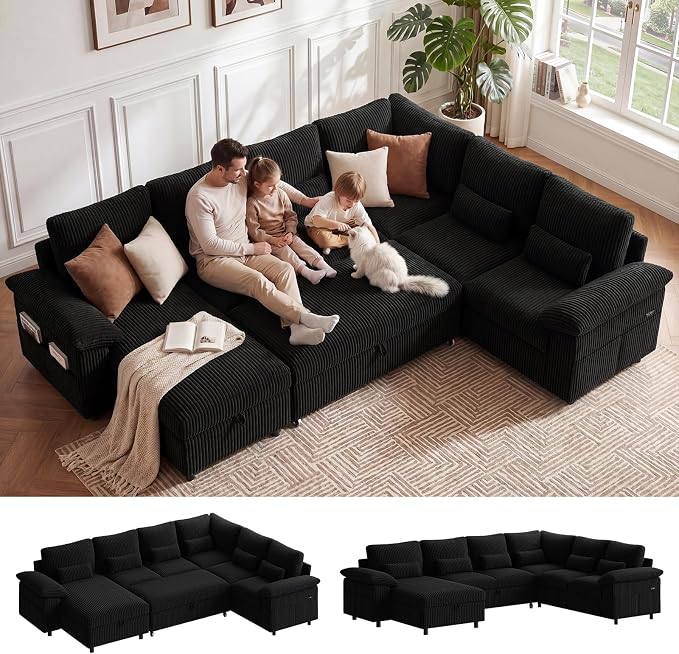 110 Inch Modular Sectional Sleeper Sofa with Pull Out Bed, U Shaped 7 Seat Cloud Modular Sectional Sofa with Storage, Corduroy Sectional Couches for Living Room, Removable Sofa Cover, Black