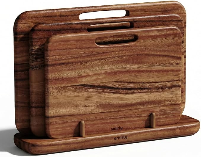 SMIRLY Cutting Boards for Kitchen - 3 Piece Walnut Cutting Board with Stand | Double-Sided Wood Cutting Board, Wooden Cutting Boards Non Toxic for Meat Vegetable Fruit, Food-Grade