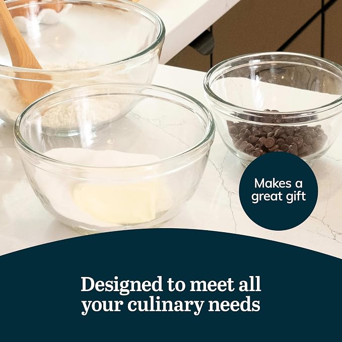 Libbey Baker's Basics 3-Piece Glass Mixing Bowls Set - Clear Bowls for Baking, Prep, Serving & Storage - Microwave, Oven, Freezer and Dishwasher Safe