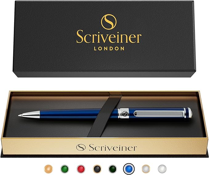 Scriveiner Midnight Blue Ballpoint Pen - Stunning Blue Lacquer Luxury Pen, Chrome Finish, Schmidt Black Refill, Best Ball Pen Gift Set for Men & Women, Professional Executive Office, Nice Designer Pen