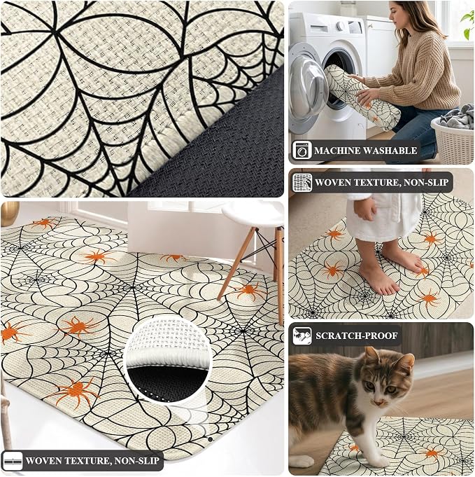 Small Door Mat Indoor Outdoor 15.7"x23.6",Halloween Absorbent Non Slip Entry Rug,Black Net Classic Spiders Gingham Orange Rustic Low Profile Welcome Mat for Front/Side Door Apartment Entrance Bathroom
