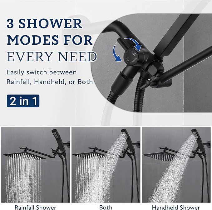 G-Promise All Metal 8 Inch Dual Square Shower Head with Handheld Spray Combo, Rain Shower Head, Adjustable Extension Arm, 3-Way Diverter, 71 Inch Extra Long Hose - A Bathroom Upgrade (Matte Black)