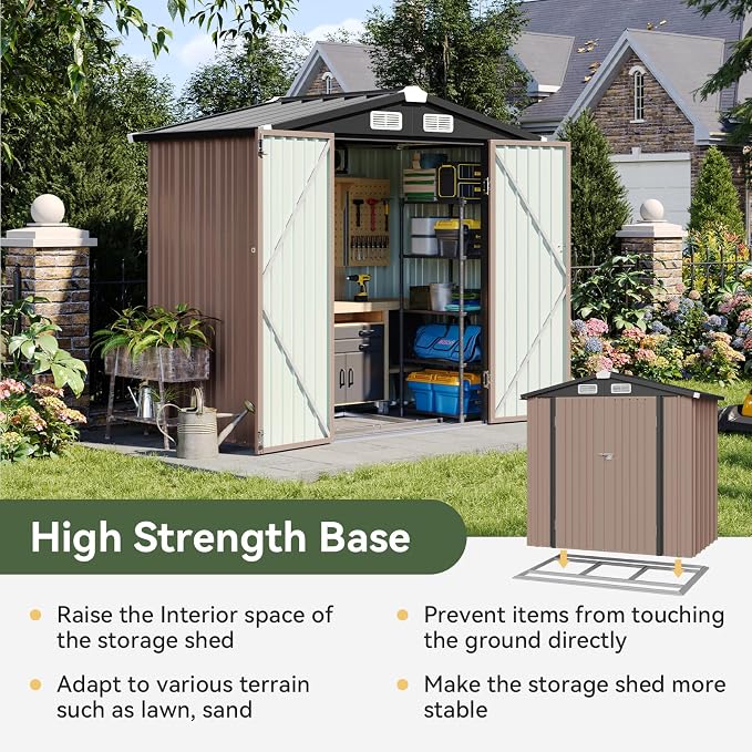 Aoxun 6'x4' Outdoor Storage Shed with Base, Brown | Metal Shed with Lockable Doors & Slooping Roof Garden Tool Shed for Backyard, Patio, Poolside