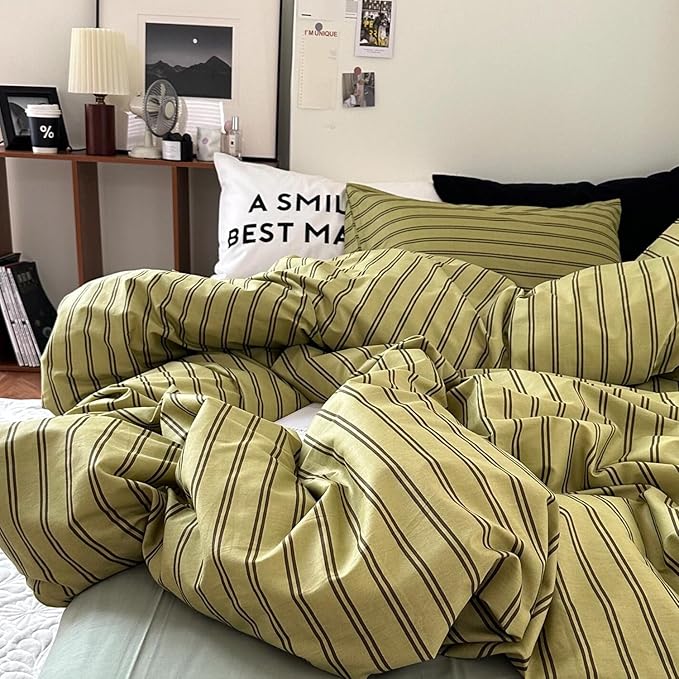 mixinni Vintage Stripes Duvet Cover Set Twin - 3-Piece Mid-Century Cotton Olive & Taupe Striped Bedding, Soft Breathable All-Season Comforter Cover with Zipper Closure & Corner Ties-Twin Size