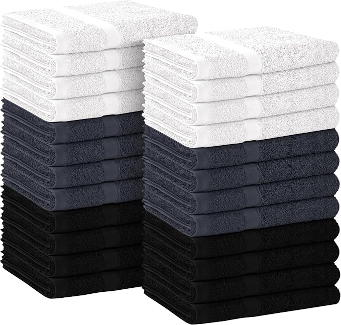 Avalon Towels Salon Towel - Black, Grey and White Hand Towels Bulk Pack of 24 - 100% Cotton Absorbent Spa, Facial & Gym Towel for Working Out - 16x27 Inches (Not Bleach Proof)