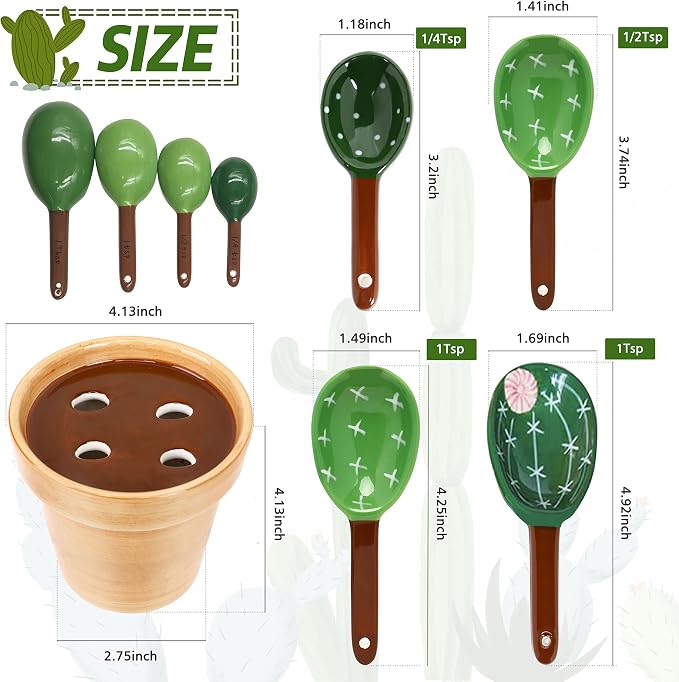 Cactus Measuring Spoons Set in Pot Cute Ceramic Kitchen Measuring Cups and Spoons Set with Holder for Baking Salt Sugar
