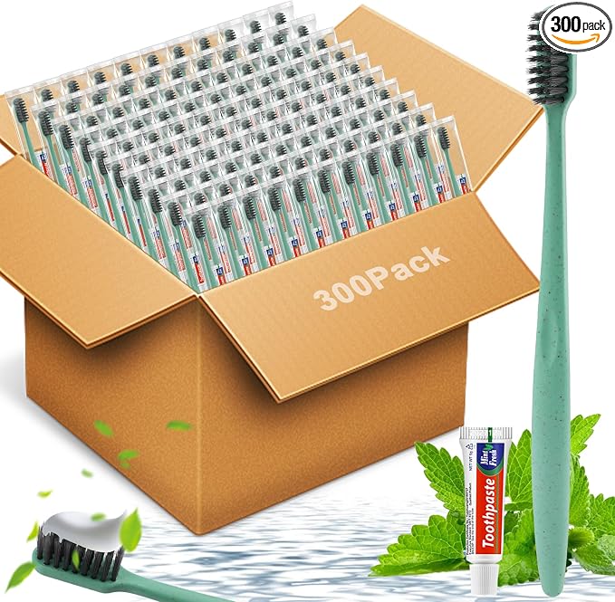 HOFASON Disposable Toothbrushes with Toothpaste, 300 Pack Bulk Travel Toothbrush and Toothpaste Set, Individually Wrapped Travel Size Tooth Brush Paste Kit for Homeless Shelter Charity Church Hotel