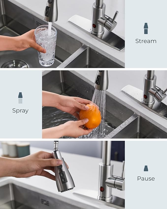 FORIOUS Touchless Kitchen Faucet with Soap Dispenser, Brushed Nickel, Hands-Free, Smart Motion Sensor Contemporary Bar Sink Faucet with Pull Down Sprayer for Farmhouse RV Camper