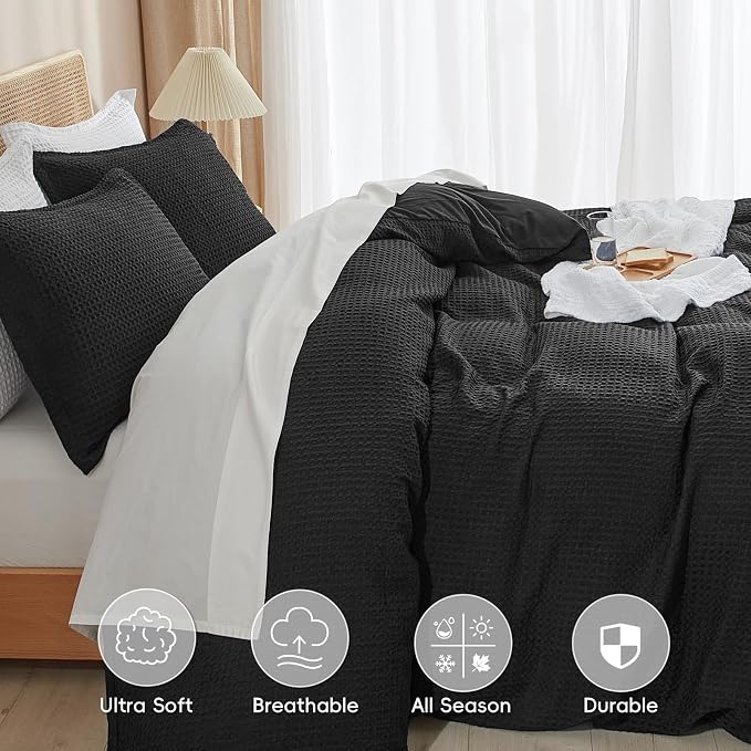 PHF Waffle Duvet Cover Set Twin XL Size, Back to School College Dorm Bedding, Ultra Soft Breathable Comforter Cover for All Season, Dorm Room Essentials Set with 1 Pillow Sham,68" x 90", Black