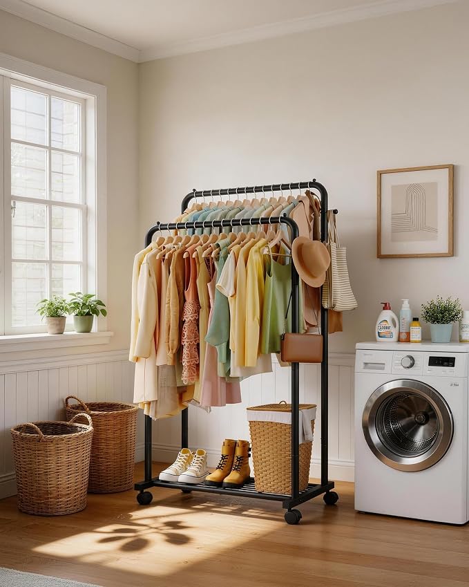 Sakugi Clothes Rack - Double Rods Clothing Rack with Mesh Shelf, Hooks & Wheels, Metal Clothing Racks for Hanging Clothes & Bags, Multifunctional Garment Rack for Laundry, Black, 28.7" x 16.5" x 59.1"