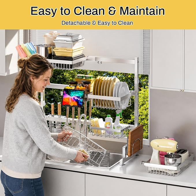 ADBIU Luxurious 304 Stainless Steel Over Sink Dish Drying Rack (Suitable for Sink Length 26.3"- 37.4") Snap-On Design 2 Tier Large Kitchen Dish Rack Stainless Steel Counter Organization and Storage