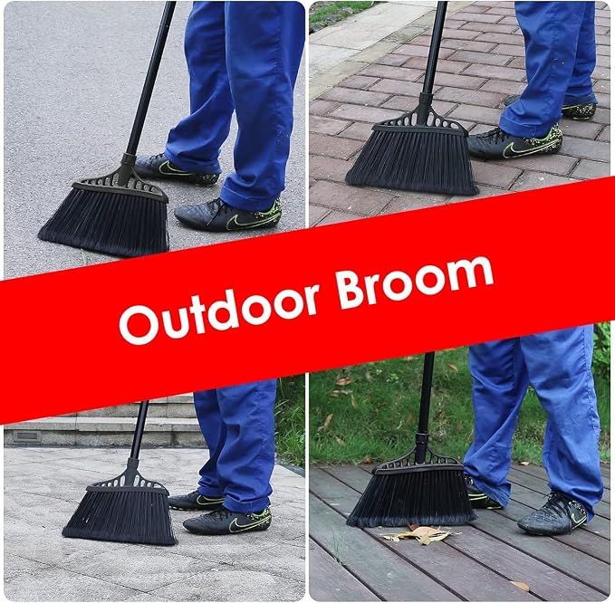 Tiumso Outdoor Broom for Floor Cleaning, Heavy Duty Brooms with 55" Long Handle, Angle Brooms for Concrete Courtyard Home Patio Kitchen Shop Lobby Patio Lawn - Black