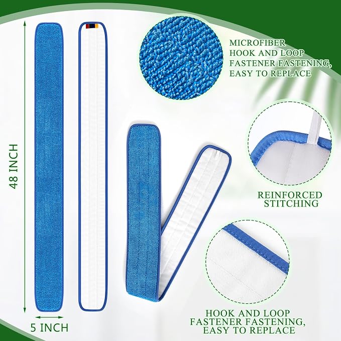 3 Pcs Large 48 Inch Commercial Replacement Microfiber Pads Reusable Wrestling Wet Mop Refill Pads for Flat Mop Frames Wet and Dry Use (Blue)