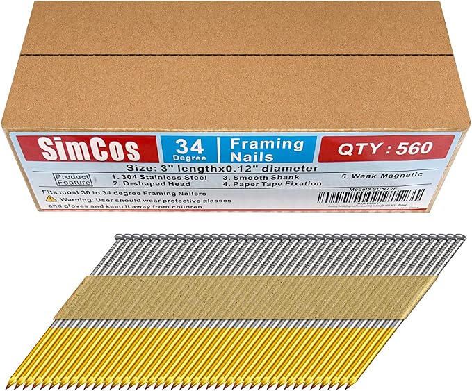 34-30 Degree Framing Nails, 3 Inch, 560-Pack | 304 Stainless Steel D Head Smooth Shank Paper Tape Strip Nails for 30 to 34 degree Framing Nailer