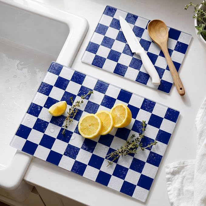 Thenshop Set of 2 Tempered Glass Cutting Boards Blue Check Countertop Cutting Boards Heat Resistant with Non-slip Feet for Kitchen Counter Housewarming Wedding Gift 7.9x11inch+11x15 Inch
